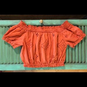 Eyelet Poplln Off Shoulder Top